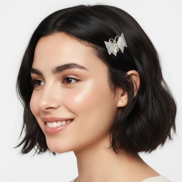 Mini Y2K Butterfly Alligator Clip Silver Tone Glitter Metallic Hair Accessory - Picture 9 of 9